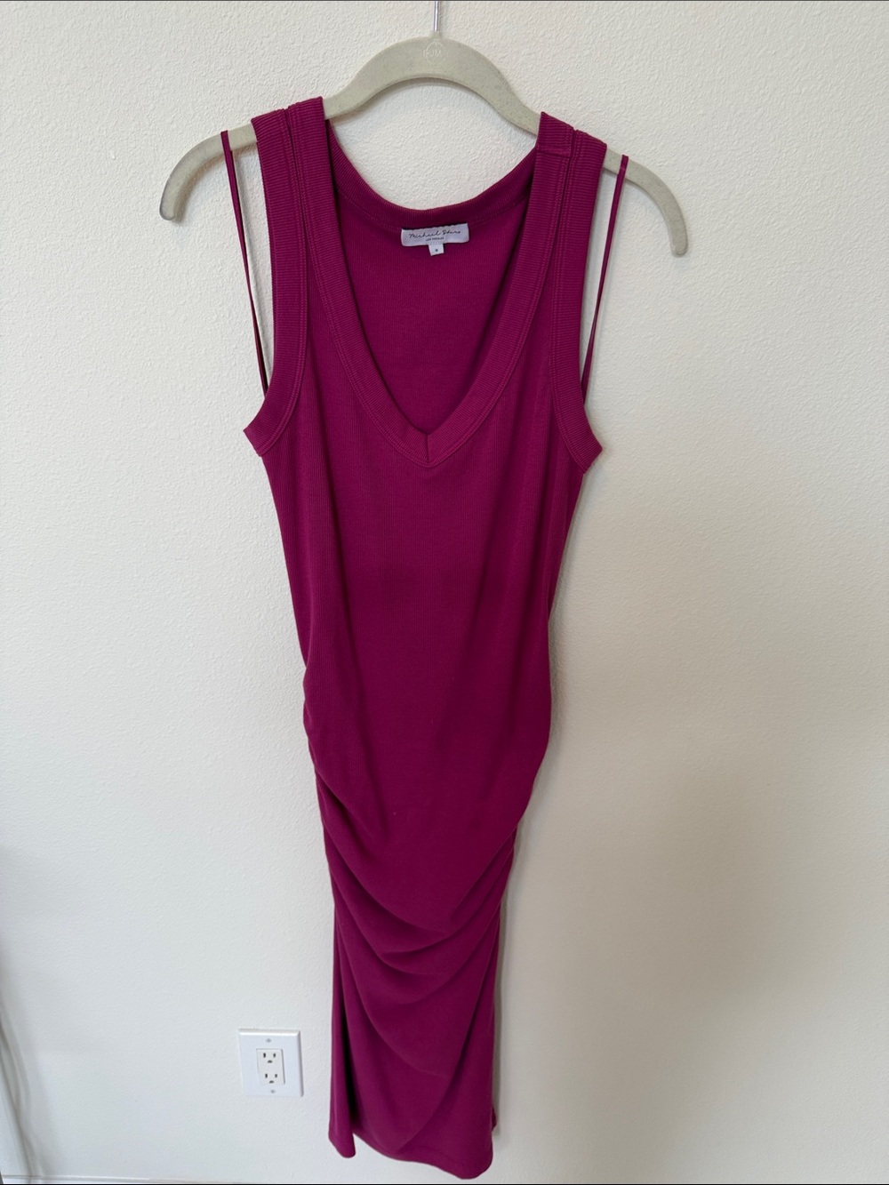 Sleeveless V-Neck Ruched Midi Dress in Fuchsia